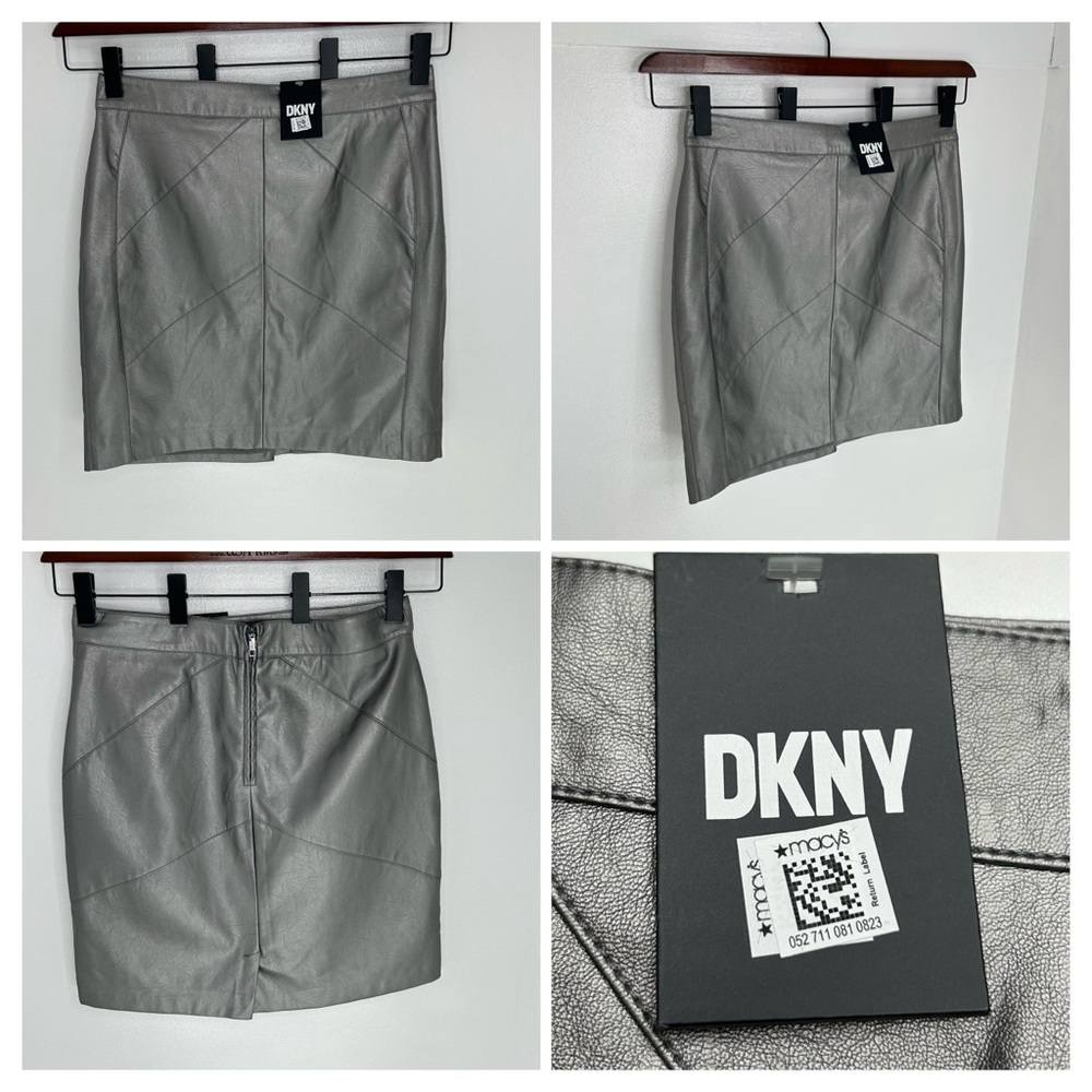 DKNY Faux Leather Skirt Size 12 NWT Gun Metal Festival Metallic Moto $119